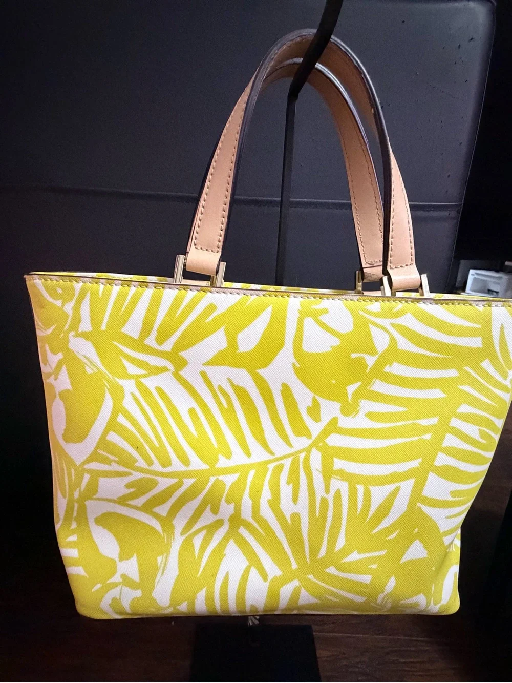 Kate Spade Yellow Palm-Print Tote Bag with Tan Handles